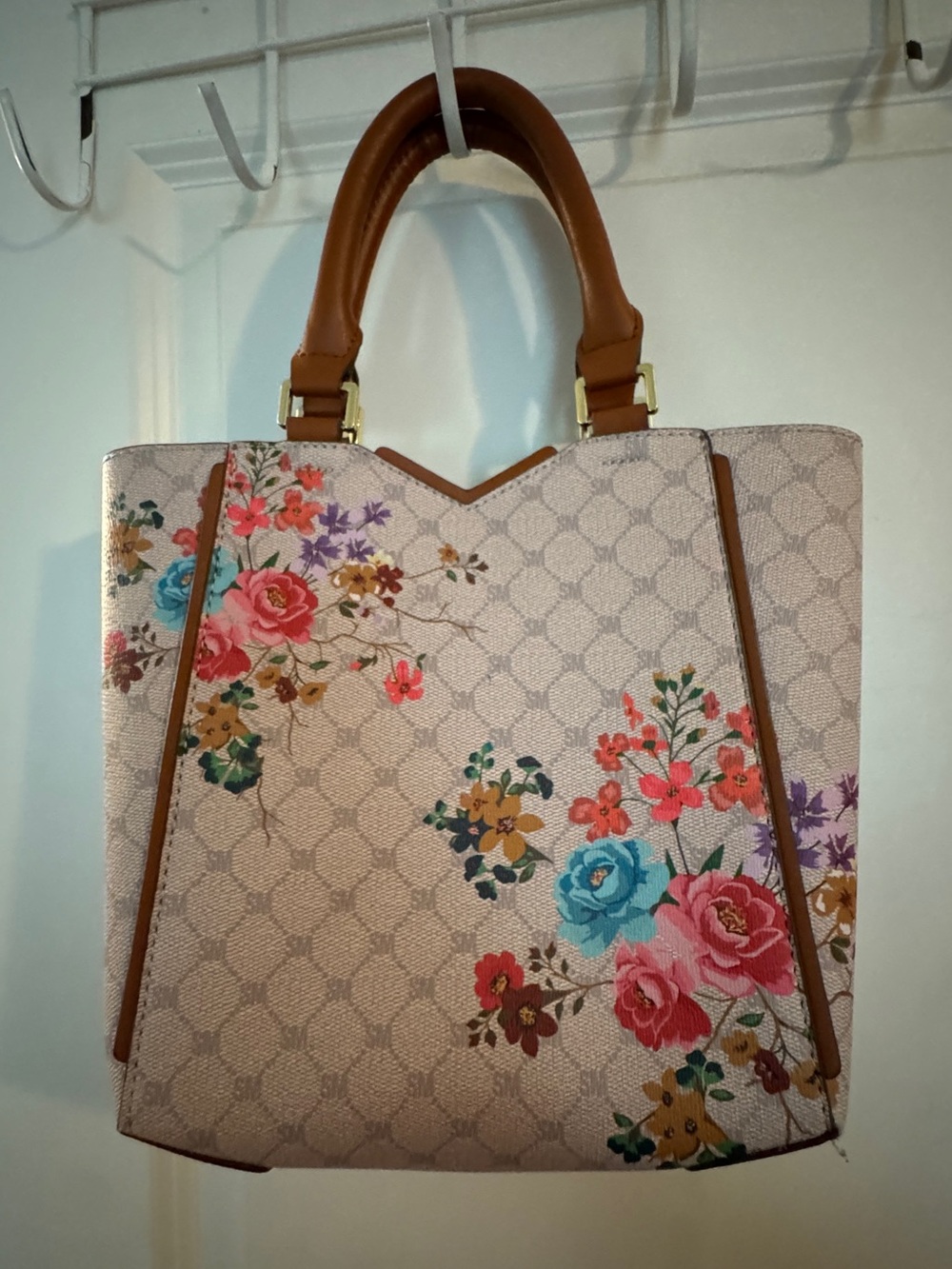 Steve Madden Cream Floral Crossbody Tote with Brown Handles